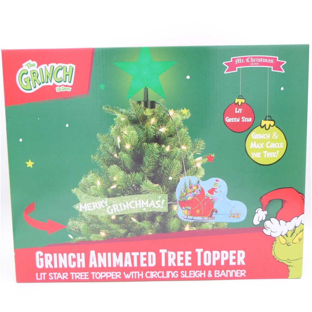 Mr. Christmas Dr. Seuss The Grinch Animated Tree Topper Lit Star Circling Sleigh